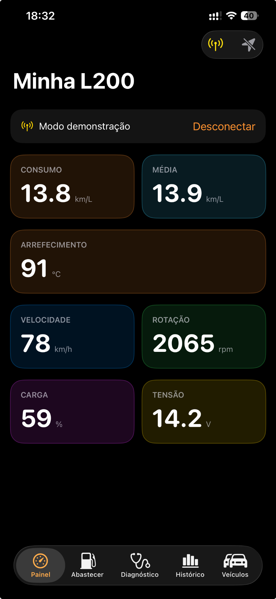 Painel do OBDDrive em execução no iPhone